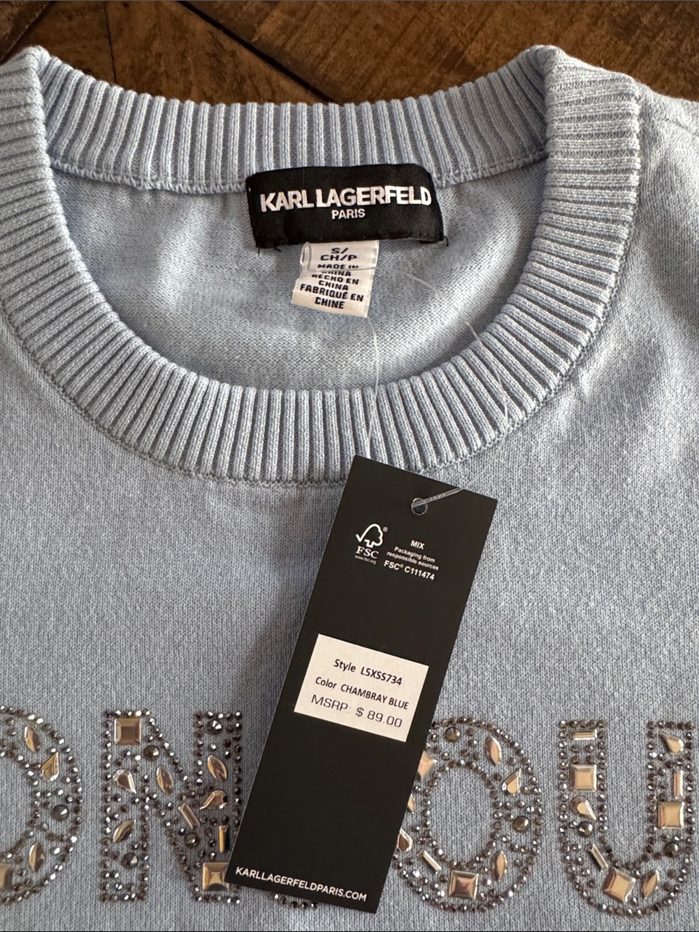 Karl Lagerfeld Women’s Smal Pale Blue 'Bonjour' Embellished Short Sleeve Sweater - Picture 2 of 4
